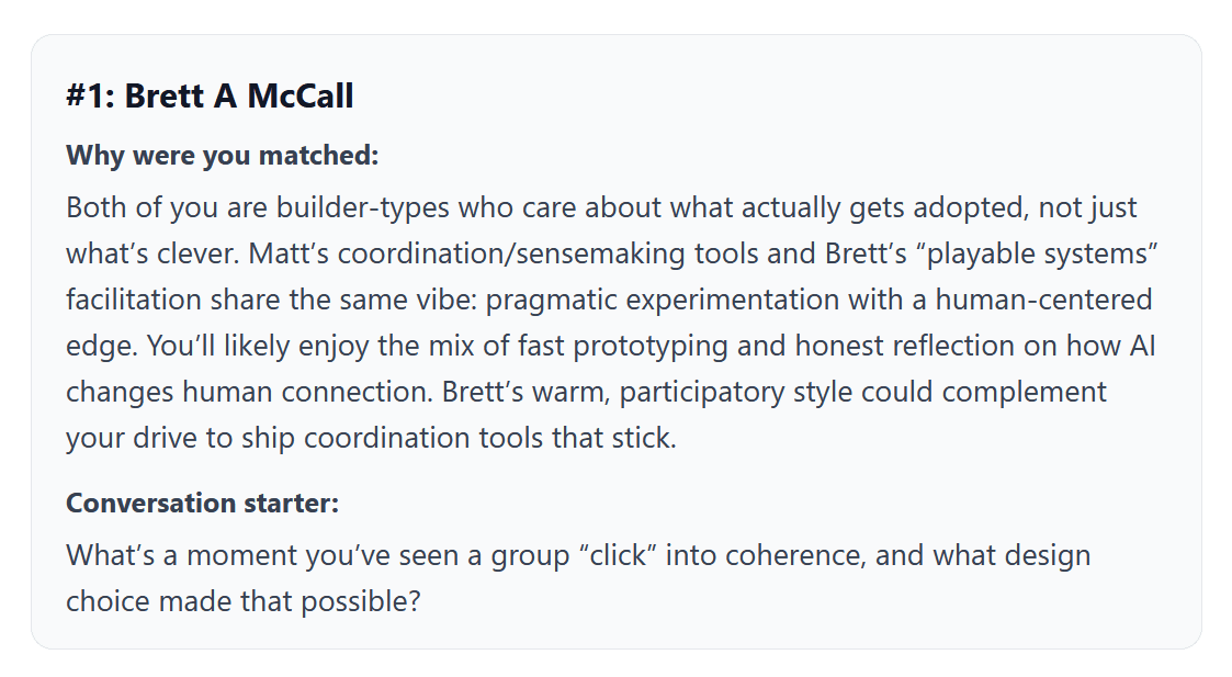Example match result showing a personalized match with conversation starter